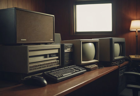 pile of old unused computers and vintage CRT monitorsの素材