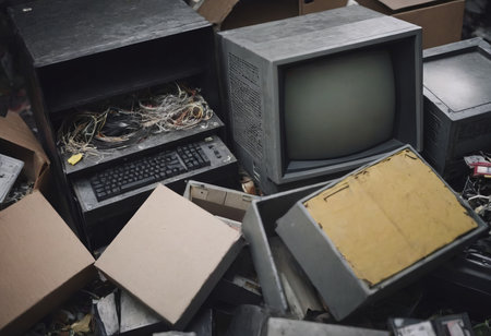 pile of old unused computers and vintage CRT monitorsの素材