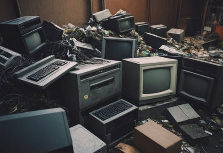 pile of old unused computers and vintage CRT monitorsの素材