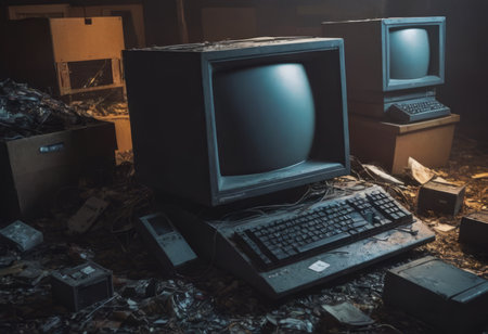 pile of old unused computers and vintage CRT monitorsの素材