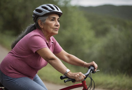 An elderly female cyclist riding a bicycle. An active elderly grandmother enjoying a healthy lifestyle and freedom.の素材