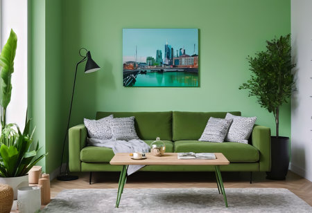 A luxurious living room with a green sofa and decor, light green walls, decor in a greenish color.の素材