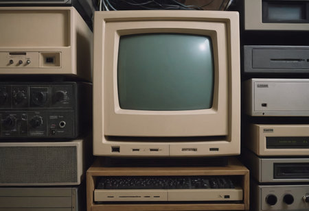 pile of old unused computers and vintage CRT monitorsの素材