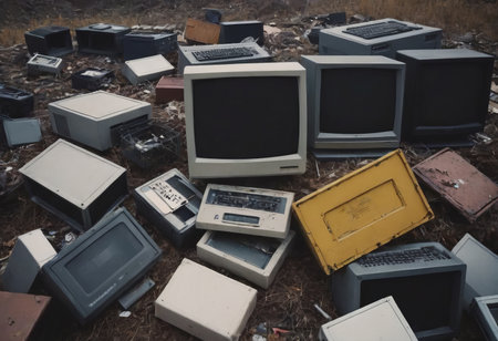pile of old unused computers and vintage CRT monitorsの素材