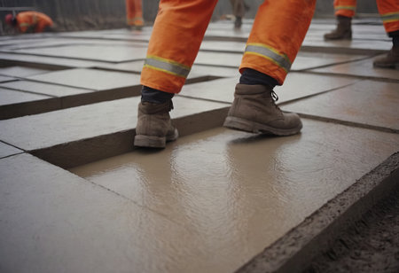 Leveling concrete with trowels, mason hands spreading poured concrete. Selective focus.の素材