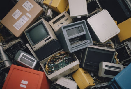 pile of old unused computers and vintage CRT monitorsの素材