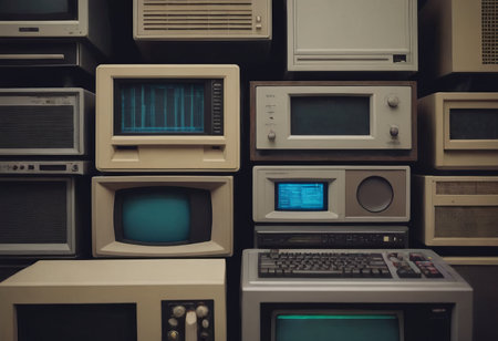 pile of old unused computers and vintage CRT monitorsの素材
