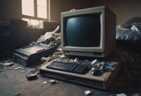 pile of old unused computers and vintage CRT monitorsの素材
