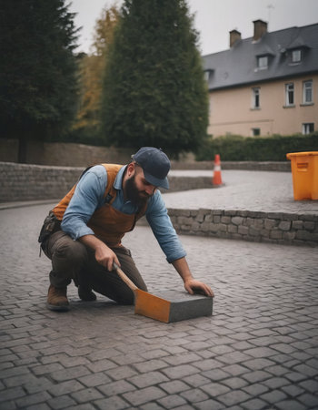 Laying gray concrete paving slabs in house courtyard driveway patio. Professional workers bricklayers are installing new tiles or slabs for driveway, sidewalk or patio on leveled sand foundation base.の素材