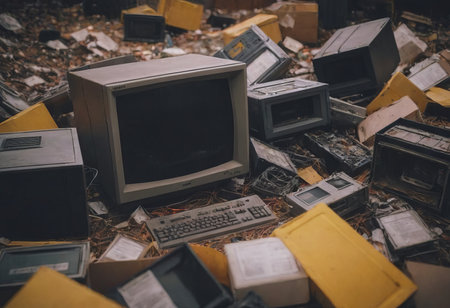 pile of old unused computers and vintage CRT monitorsの素材