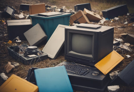 pile of old unused computers and vintage CRT monitorsの素材
