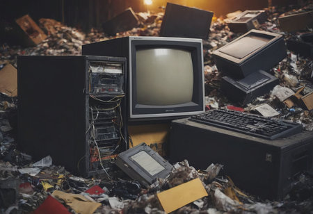 pile of old unused computers and vintage CRT monitorsの素材