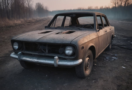 A burnt-out car. Car old burned by fire. Fire burned car.の素材