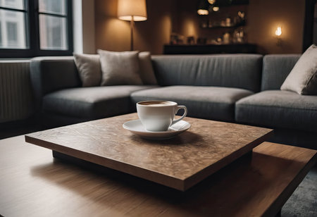 cup of hot coffee and tea on wood table besides windowの素材