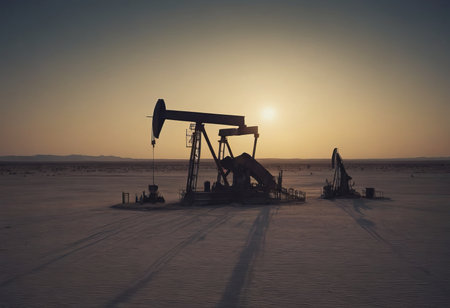 Oil and gas industry. Working oil pump jack on oil field at sunset. Industrial theme.の素材