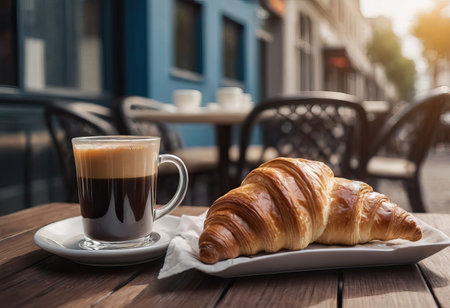 a portion of delicious croissants and a cup of coffee on the tableの素材