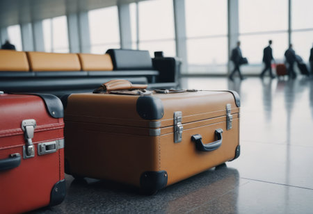 stack of traveling luggage in airport terminal and passenger plane flying over skyの素材