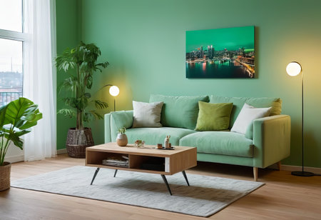 A luxurious living room with a green sofa and decor, light green walls, decor in a greenish color.の素材