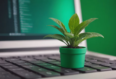 Plant growing from the laptop keyboard. Ecology and environment concept.の素材