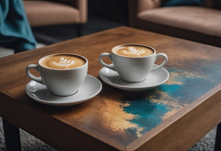 cup of hot coffee and tea on wood table besides windowの素材