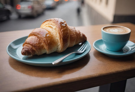 a portion of delicious croissants and a cup of coffee on the tableの素材