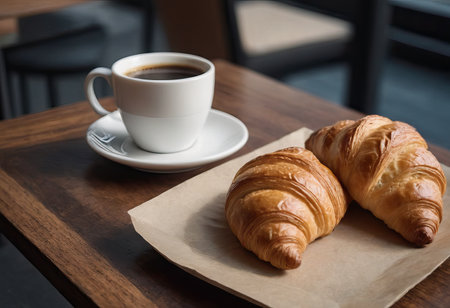 a portion of delicious croissants and a cup of coffee on the tableの素材