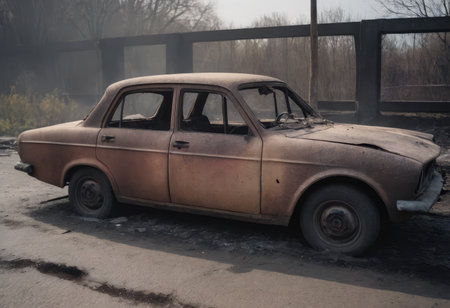 A burnt-out car. Car old burned by fire. Fire burned car.の素材