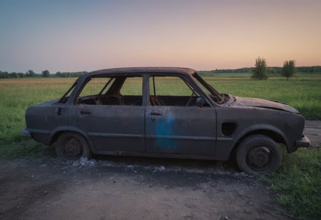 A burnt-out car. Car old burned by fire. Fire burned car.の素材