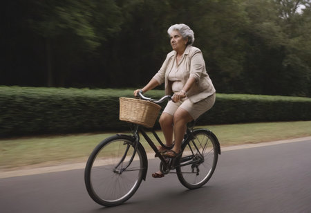An elderly female cyclist riding a bicycle. An active elderly grandmother enjoying a healthy lifestyle and freedom.の素材