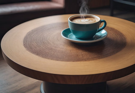 cup of hot coffee and tea on wood table besides windowの素材