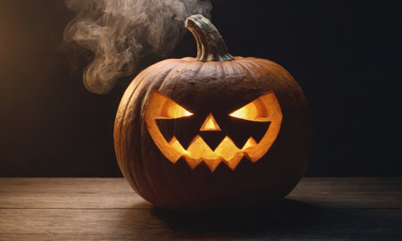 A scary pumpkin lantern with evil grin for Halloween.の写真素材