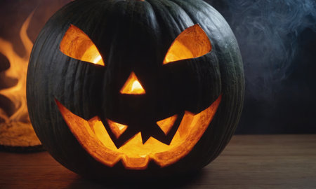 A scary pumpkin lantern with evil grin for Halloween.の写真素材