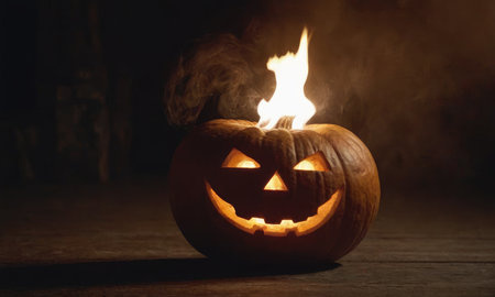 A scary pumpkin lantern with evil grin for Halloween.の写真素材