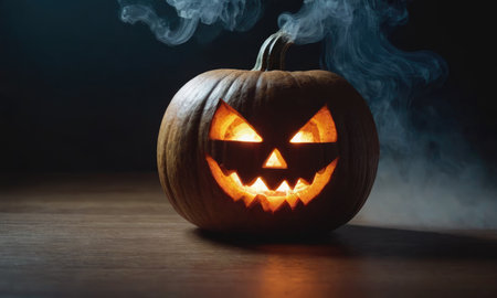 A scary pumpkin lantern with evil grin for Halloween.の写真素材