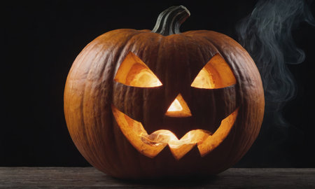 A scary pumpkin lantern with evil grin for Halloween.の写真素材