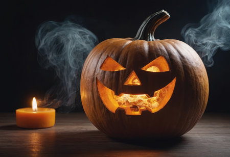 A scary pumpkin lantern with evil grin for Halloween.の写真素材