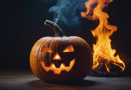 A scary pumpkin lantern with evil grin for Halloween.の写真素材