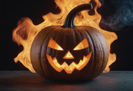 A scary pumpkin lantern with evil grin for Halloween.の写真素材
