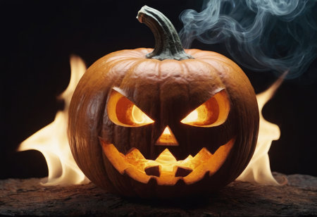 A scary pumpkin lantern with evil grin for Halloween.の写真素材