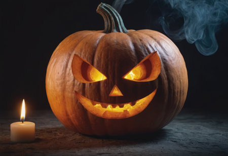 A scary pumpkin lantern with evil grin for Halloween.の写真素材