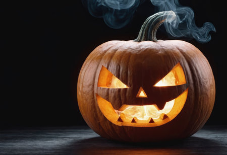 A scary pumpkin lantern with evil grin for Halloween.の写真素材