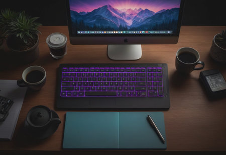 Coffee cup and Computer, Desktop PC. for business blank screen at home copy space. concept of work relax.の素材