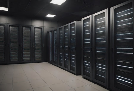 Futuristic background image of rack server with blinking lights in supercomputer, copy spaceの素材