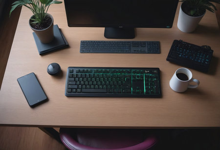 Coffee cup and Computer, Desktop PC. for business blank screen at home copy space. concept of work relax.の素材