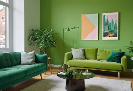 A luxurious living room with a green sofa and decor, light green walls, decor in a greenish color.の素材