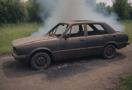 A burnt-out car. Car old burned by fire. Fire burned car.の素材
