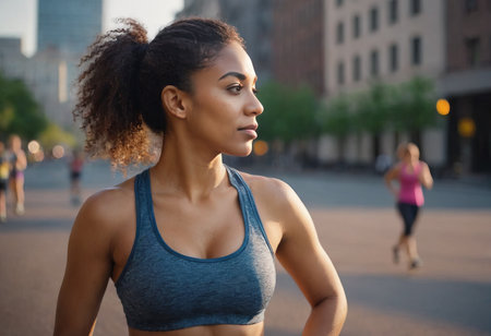 An attractive beautiful woman in sportswear, doing sports on the city streets. A fit woman jogging outdoors. Morning workout. The concept of a healthy and active lifestyleの素材