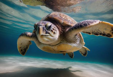A magnificent giant golden sea turtle spreads its paws and swims in the blue depths of the sea,の素材