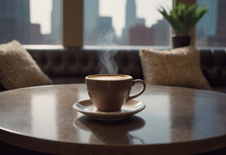 cup of hot coffee and tea on wood table besides windowの素材