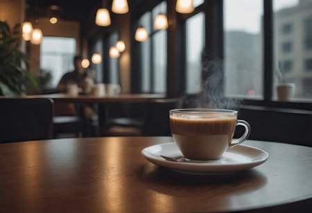 cup of hot coffee and tea on wood table besides windowの素材